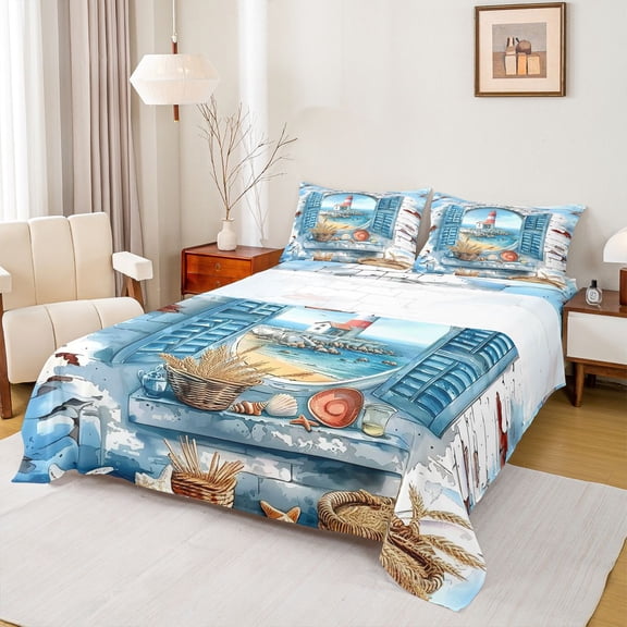 Feelyou Nutical Lighthouse Kids Twin Sheet Sets, Watercolor Blue Twin Fitted Sheet, Ocean Marine Theme Flat Sheet, Breathable Home Decor, 3-Piece