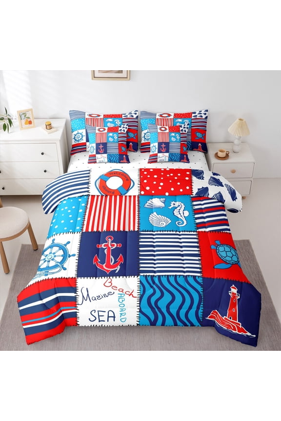 Ocean Anchor Rudder Bedding Comforter Set 7-Piece, Stripes Geometric King Bedding Sets, Cartoon Patchwork Plaid Bed Sheets, Microfiber Bedroom Decor