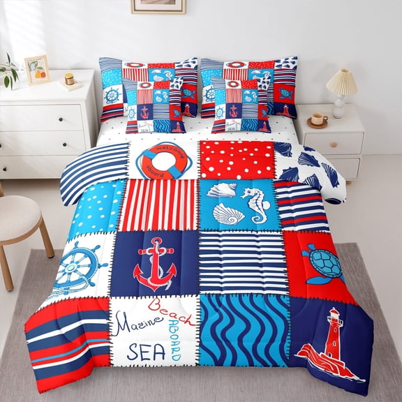 Feelyou Ocean Anchor Rudder Bedding Comforter Set 7-Piece, Stripes Geometric King Bedding Sets, Cartoon Patchwork Plaid Bed Sheets, Microfiber Bedroom Decor