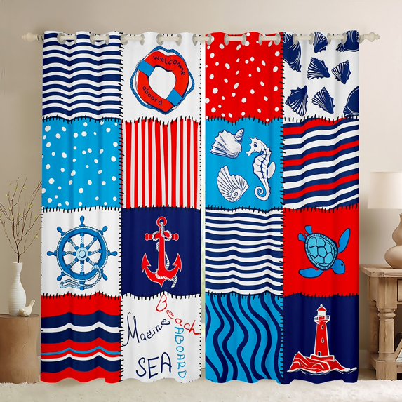 Feelyou Ocean Anchor Rudder Blackout Curtains Set of 2 (52x84 Each), Stripes Geometric Window Curtains, Cartoon Patchwork Plaid Curtains and Drapes, Blackout Curtains Bedroom Decor