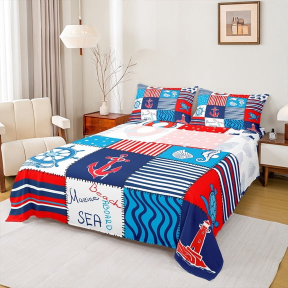 Feelyou Ocean Anchor Rudder Twin Sheet Sets, Stripes Geometric Twin Fitted Sheet, Cartoon Patchwork Plaid Flat Sheet, Microfiber Bedroom Decor, 3 Pieces