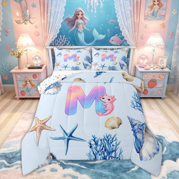 Feelyou Ocean Axolotl M Letter Full Size Comforter Sets for Girls, Blue Seashell Starfish Bedding Comforter Set, Colorful Star Reversible, 3pcs, 1 Comforter and 2 Pillowcases