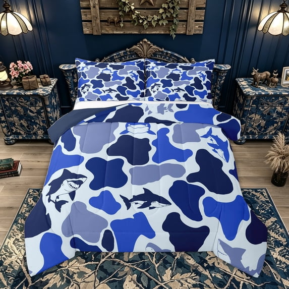 Feelyou Ocean Camo Shark Queen Comforter Set for Kids Boys Girls, Cartoon Coastal Wildlife Bedding Comforter Set, Navy, Blue Reversible, 3-Piece