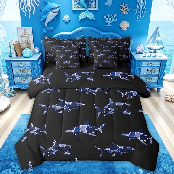 Feelyou Ocean Camo Shark Twin Bedding Sets for Kids Boys Girls, Marine Animal Bedding Comforter Set, Navy, Black Reversible, 7pcs