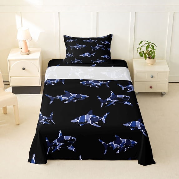 Feelyou Ocean Camo Shark Twin Sheet Sets for Kids Boys Girls, Marine Animal Bedding, Navy, 3pcs
