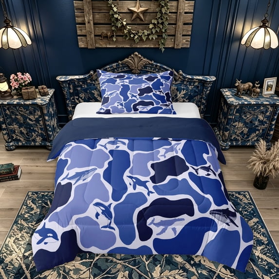 Feelyou Ocean Camo Whale Animal Twin Comforter Sets for Men Women, Gradient Polkadots Camouflage Bedding Set, Blue, Blue Reversible, 2 Pieces