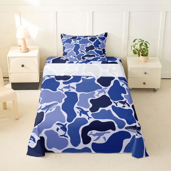 Feelyou Ocean Camo Whale Animal Twin Sheet Sets for Men Women, Gradient Polkadots Camouflage Bedding, Blue, 3 Pieces
