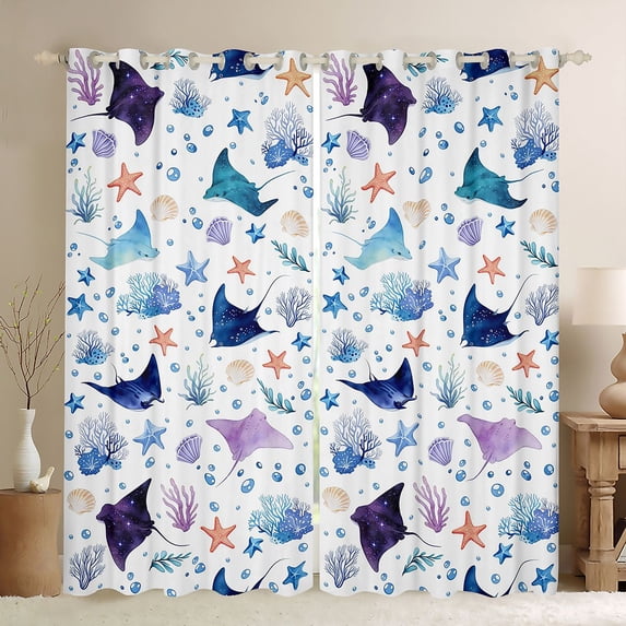 Feelyou Ocean Fish Animal Curtains Pack of 2 (42x84 Each) for Kids Boys Girls, Watercolor Seashell Stars Curtains Blackout, White Blue