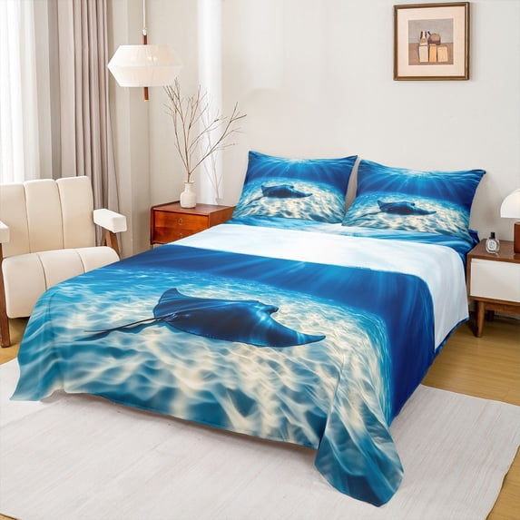 Feelyou Ocean Fish Animal Full Size Sheets for Boys Girls, Sea Wave Marine Wildlife Bed Sheets, Navy, 4pcs