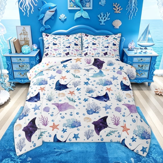 Feelyou Ocean Fish Animal Queen Comforter Set for Kids Boys Girls, Watercolor Seashell Stars Bedding Comforter Set, White Blue, Colorful Star Reversible, 3-Piece