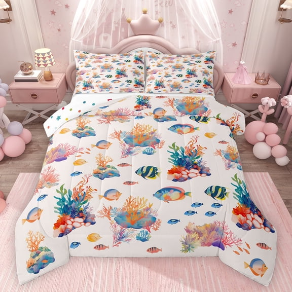 Feelyou Ocean Fish Teen Twin Comforter Sets, Kawaii Coral Starfish Bedding Set, 2-Piece