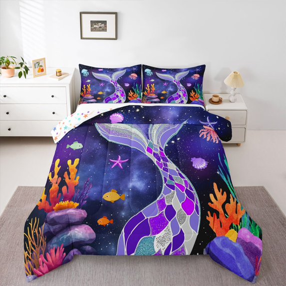 Feelyou Ocean Mermaid Teens Full Size Comforter Sets, Purple Starry Sky Bedding Sets, 3pcs