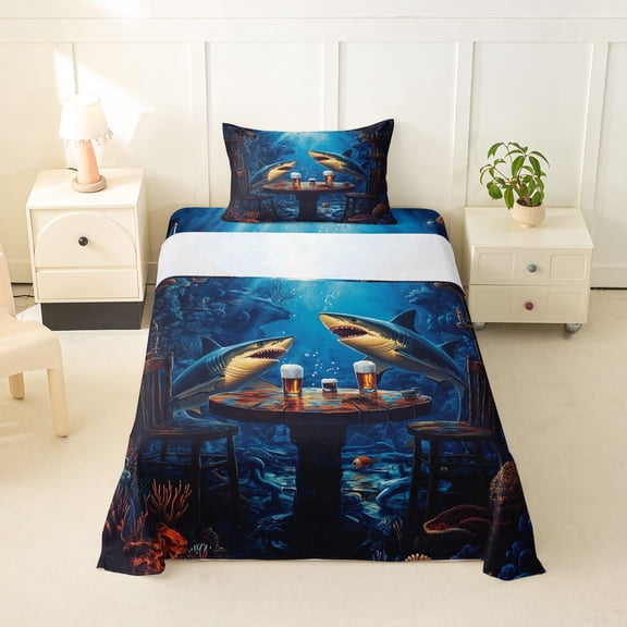 Feelyou Ocean Navy Shark Twin Sheet Sets for Men Boys, Kawaii Coastal Animal Bedding, 3 Pieces