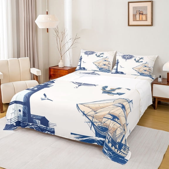 Feelyou Ocean Sailboat Kids Bed Sheets, Marine Explorer King Sheets, Lighthouse Compass Anchor Sheet Set, Luxury Bedroom Decor, 4-Piece