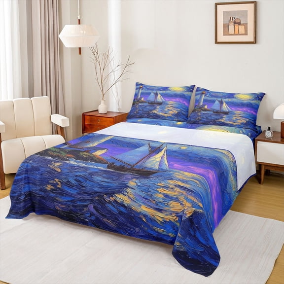 Feelyou Ocean Sailboat Nautical Bed Sheets, Mystic Galaxy Moon King Sheets, Vintage Oil Printing Sheet Set, Microfiber Bedroom Decor, 4-Piece
