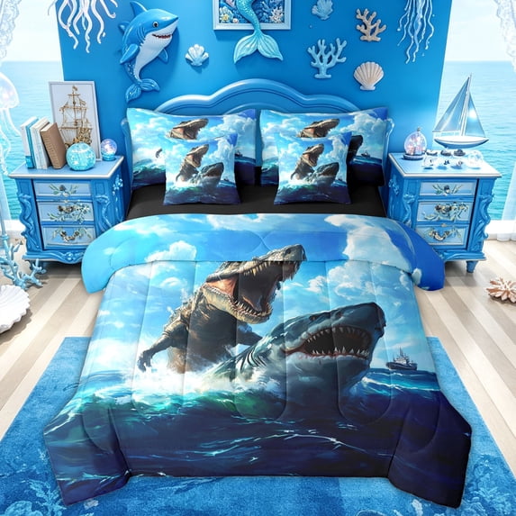 Feelyou Ocean Sea Dinosaur Shark Twin Bedding Sets for Boys Kids Men, Prehistoric Sea Bedding Comforter Set, Blue, Black Reversible, 7pcs