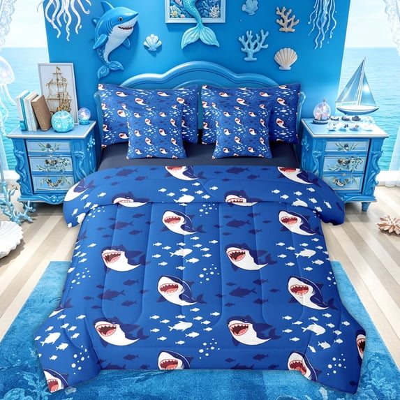 Feelyou Ocean Shark Bedding Comforter Set for Kids Boys Girls, Cartoon Sea Wildlife Queen Bedding Sets, Navy, Blue Reversible, 7-Piece