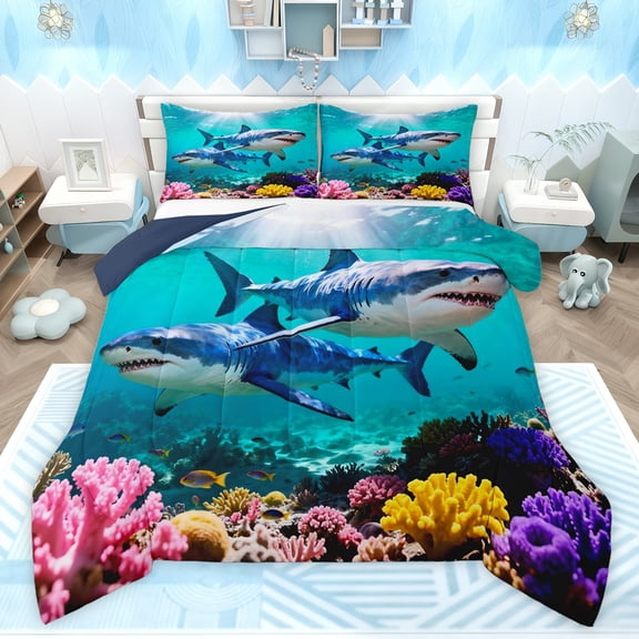 Feelyou Ocean Shark Kids Twin Comforter Sets, Marine Coral Fish Bedding Set, 2 Pieces