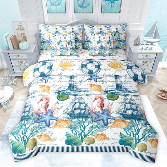 Feelyou Ocean Starfish Seahorse Bedding Comforter Set 7pcs, Kawaii Cartoon Seashell King Bedding Sets, Nautical Lighthouse Reversible Bed Sheets, Ultra Soft Bedroom Decor