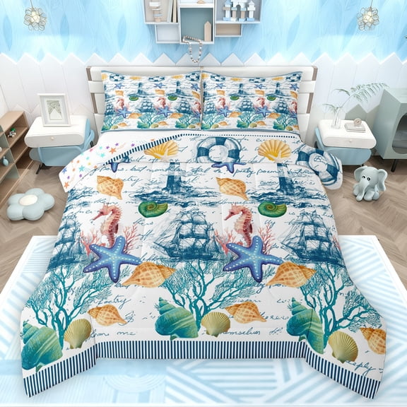 Feelyou Ocean Starfish Seahorse Full Size Comforter Sets, Kawaii Cartoon Seashell Bedding Comforter Set, Nautical Lighthouse Reversible Bedding Sets, Ultra Soft Bedroom Decor, 3 Pieces