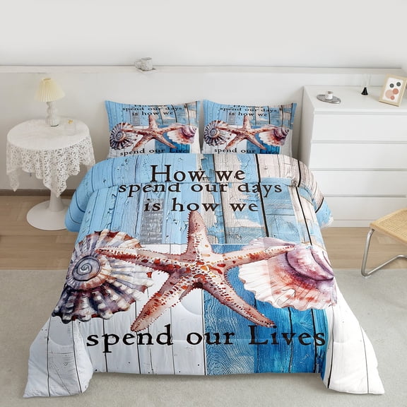 Feelyou Ocean Starfish Teen Full Size Comforter Sets, Kawaii Seashell Bedding Comforter Set, Rustic Lake Cabin Bedding Sets, Microfiber Bedroom Decor, 3 Pieces