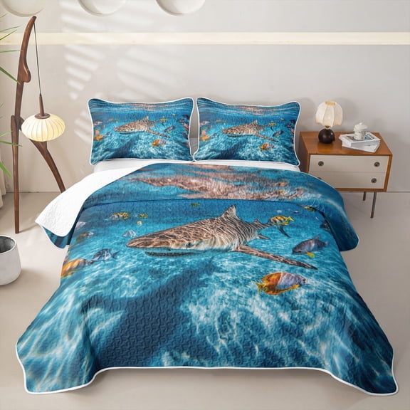Feelyou Ocean Tiger Shark Bed Spread Queen for Men Boys, Sunlit Animal Queen Coverlet Set, Blue, 3pcs