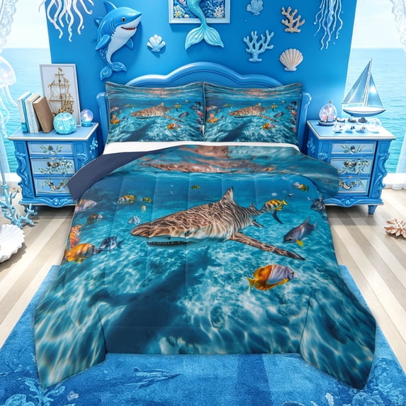 Feelyou Ocean Tiger Shark Full Size Comforter Sets for Men Kids Boys, Sunlit Animal Bedding Sets, Blue, Blue Reversible, 3pcs