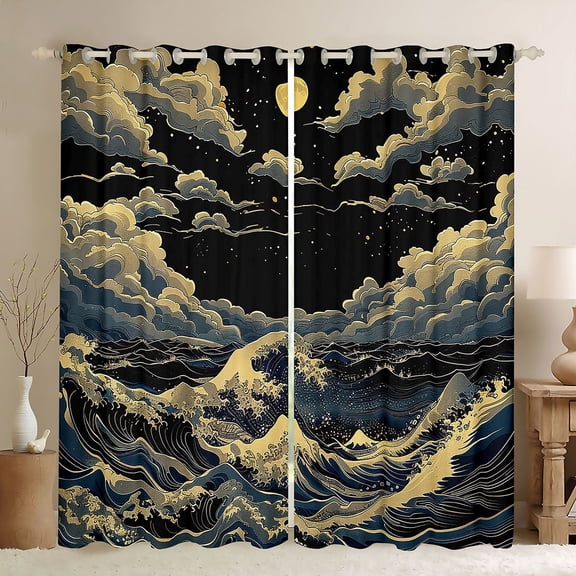 Feelyou Ocean Wave Black Out Curtains, Vintage Japanese Curtains Pack of 2 (42x63 Each)