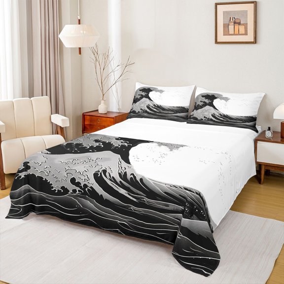 Feelyou Ocean Waves Boy Full Size Sheets, Japanese Mount Fuji Bed Sheets, 4-Piece