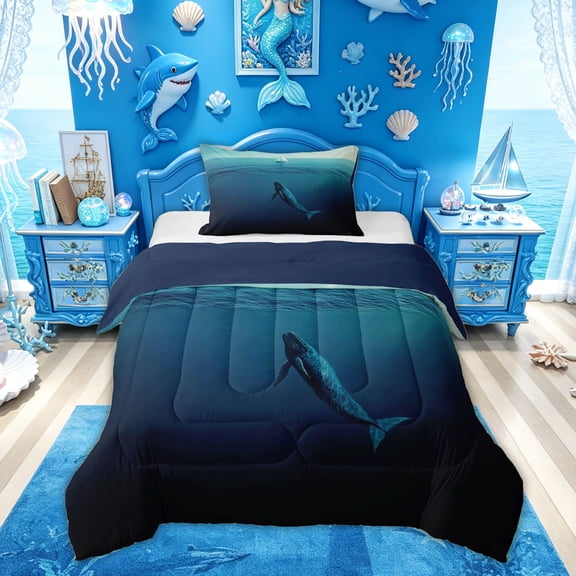 Feelyou Ocean Whale Wildlife Twin Comforter Sets for Kids Boys Girls, Marine Sailboat Bedding Set, Blue, Blue Reversible, 2 Pieces