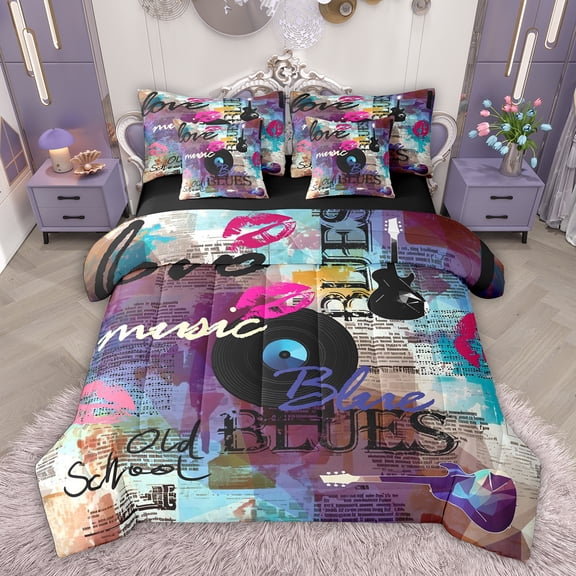 Feelyou Old School Teens Twin Bedding Sets 7-Piece, Chic Street Graffiti Bedding Comforter Set, Hiphop Album Music Reversible Sheet Sets, Ultra Soft Bedroom Decor