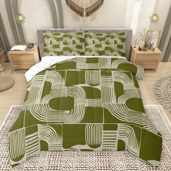 Feelyou Olive Cycle Square Full Size Comforter Sets for Teen, Chic Patchwork Minimalst Bedding Comforter Set, Line Stripe Ombre Reversible Bedding Sets, Breathable Home Decor, 3pcs