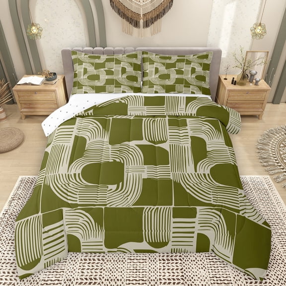 Feelyou Olive Cycle Square Queen Comforter Set for Teen, Chic Patchwork Minimalst Bedding Sets, Line Stripe Ombre Reversible Bedding Comforter Set, Breathable Home Decor, 3pcs