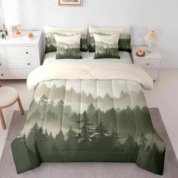 Feelyou Olive Pine Tree Bedding Comforter Set 7pcs, Rustic Landscape King Bedding Sets