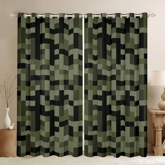 Feelyou Olive Square Black Out Curtains, Pixel Grid Miners Curtains Pack of 2 (42x63 Each)