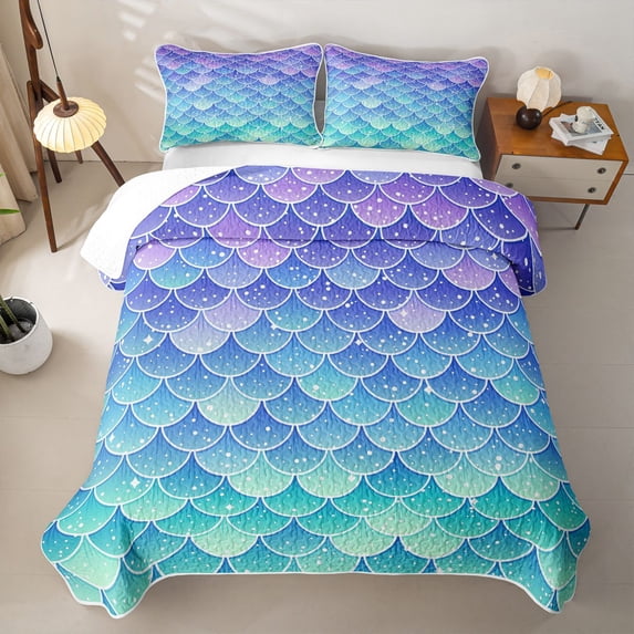 Feelyou Ombre Sparkle Mermaid Twin Quilt Set for Girls, Gradient Star Ocean Wildlife Twin Coverlet Set, Blue Purple, 2pcs