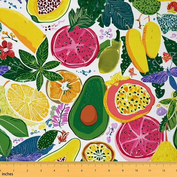 Feelyou Orange Banana Avocado Fabric by the Yard 1 Yard, Wartercolor Sewing Fabric, Tropic Fruit Home Decor Fabric by the Yard, Luxury Bedroom Decor