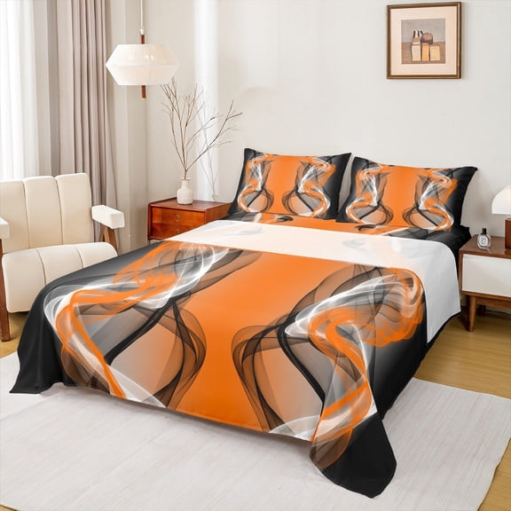 Feelyou Orange Black Abstract Twin Sheet Sets, Boho Abstract Stripes Twin Fitted Sheet, Contemporary Lines Flat Sheet, Ultra Soft Bedroom Decor, 3 Pieces