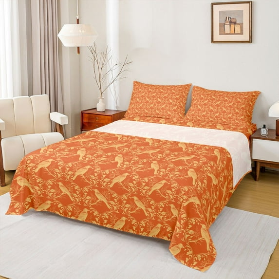 Feelyou Orange Bohemian Damask Bed Sheets, Tribal Gothic Crow King Sheets, 4pcs
