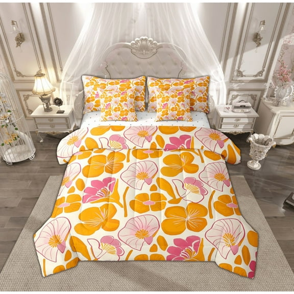 Feelyou Orange Cherry Blossoms Bedding Comforter Set 7-Piece, Garden Flower Floral King Bedding Sets, Countryside Plant Reversible Bed Sheets, Breathable Home Decor