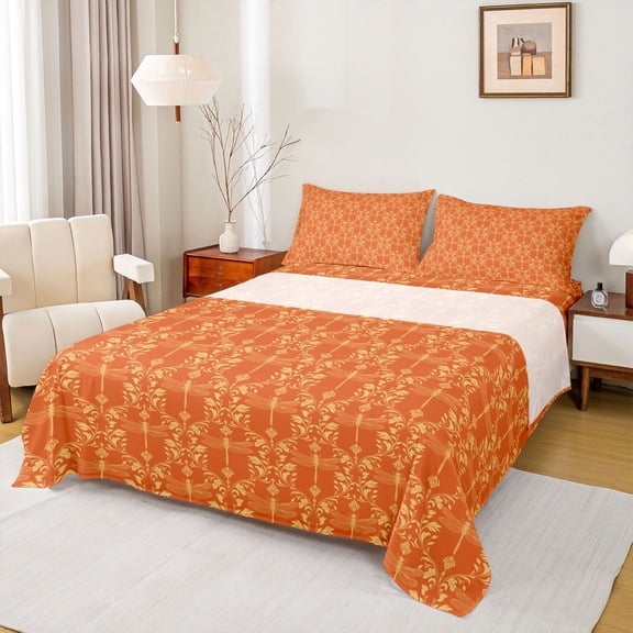 Feelyou Orange Dragonfly Twin Sheet Sets, Rustic Western Damask Bedding, 3 Pieces