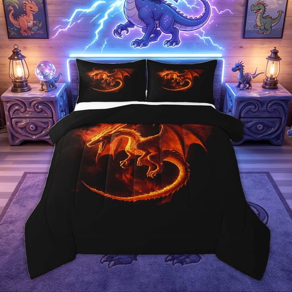 Feelyou Orange Fire Dragon Queen Comforter Set for Boys, Flame Animal Bedding Comforter Set, Black Orange, Black Reversible, 3pcs