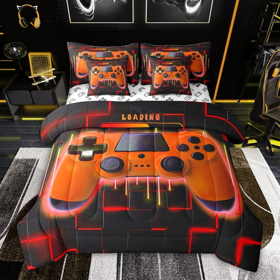 Feelyou Orange Game Controller Twin Bedding Sets 7-Piece for Kids, Futuristic Honeycomb Bedding Comforter Set, Gaming Gamer Gamepad Reversible Sheet Sets, Lightweight Room Decor