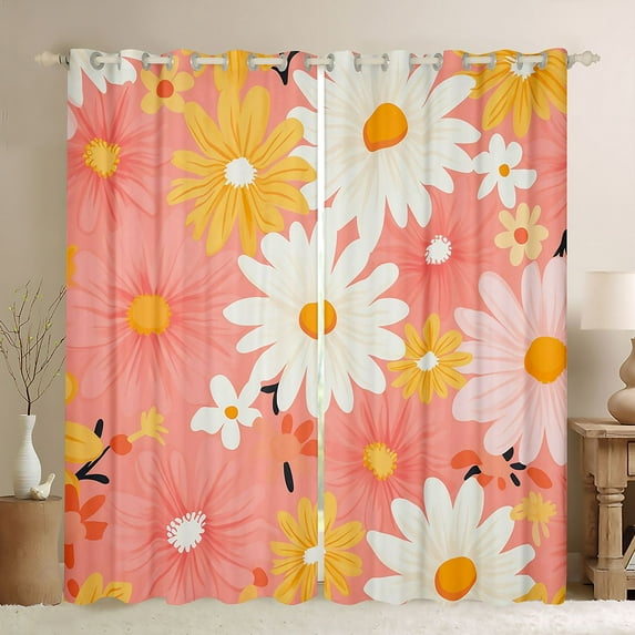Feelyou Orange Groovy Floral Blackout Curtains Set of 2 (52x84 Each) for Kids, Kawaii Plant Botanical Window Curtains, Cute Cartoon Daisy Curtains and Drapes, Living Room Curtains Decor