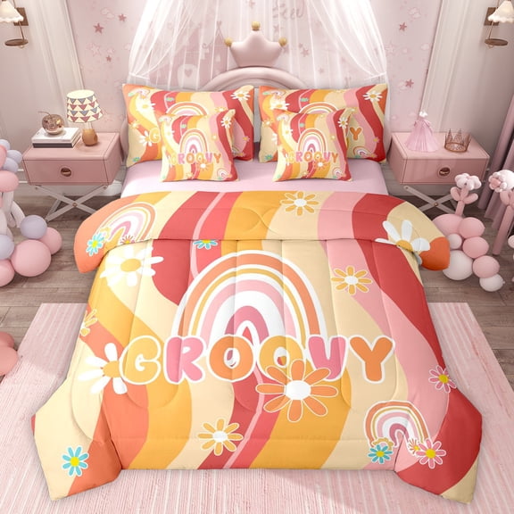 Feelyou Orange Groovy Flower Bedding Comforter Set 7pcs, Cartoon Rustic Daisy King Bedding Sets, Kawaii Rainbow Print Reversible Bed Sheets, Ultra Soft Bedroom Decor