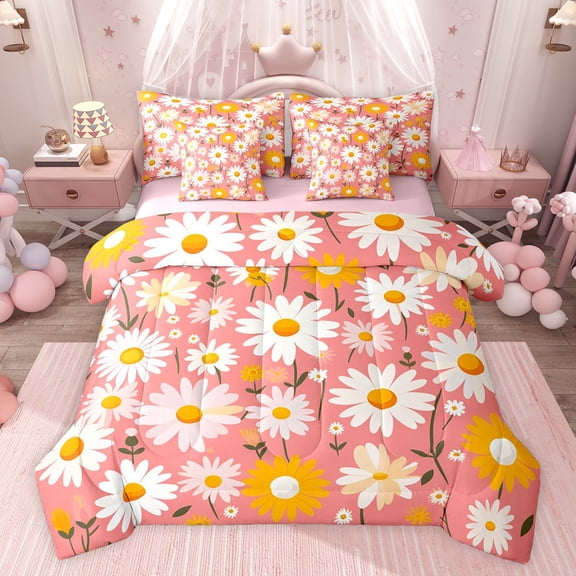 Feelyou Orange Groovy Flower Bedding Comforter Set 7pcs for Teens, Kawaii Daisy Floral King Bedding Sets, Plant Botanical Reversible Bed Sheets, Breathable Home Decor