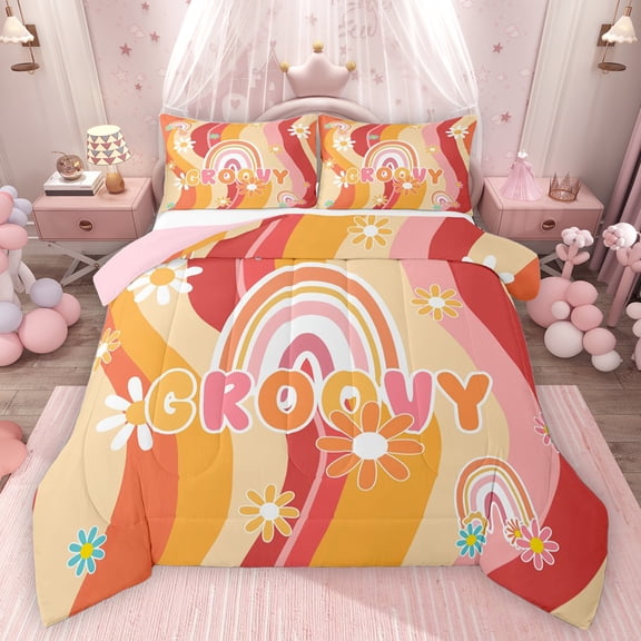 Feelyou Orange Groovy Flower Full Size Comforter Sets, Cartoon Rustic Daisy Bedding Comforter Set, Kawaii Rainbow Print Reversible Bedding Sets, Ultra Soft Bedroom Decor, 3 Pieces
