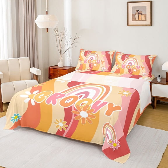 Feelyou Orange Groovy Flower Twin Sheet Sets, Cartoon Rustic Daisy Twin Fitted Sheet, Kawaii Rainbow Print Flat Sheet, Ultra Soft Bedroom Decor, 3 Pieces
