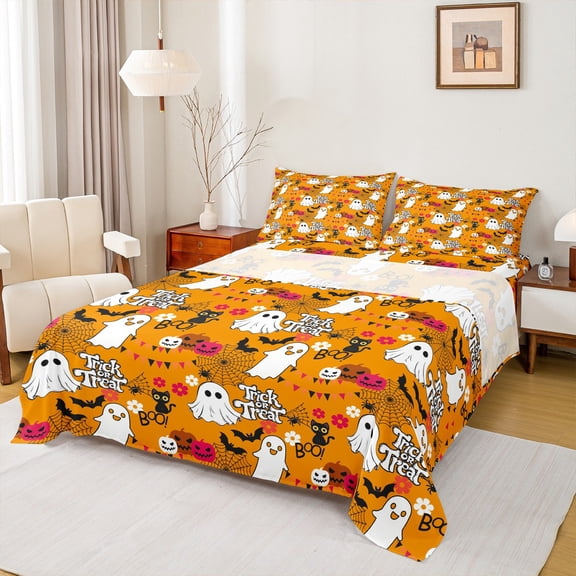 Feelyou Orange Halloween Ghost Twin Sheet Sets for Kids, Kawaii Black Cat Twin Fitted Sheet, Gothic Pumpkin Bat Flat Sheet, Ultra Soft Home Decor, 3-Piece