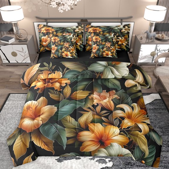 Feelyou Orange Lily Floral Bedding Comforter Set 7pcs, Vintage Fashion Artwork Queen Bedding Sets, Southwestern Theme Reversible Queen Sheet Sets, Super Cozy Room Decor